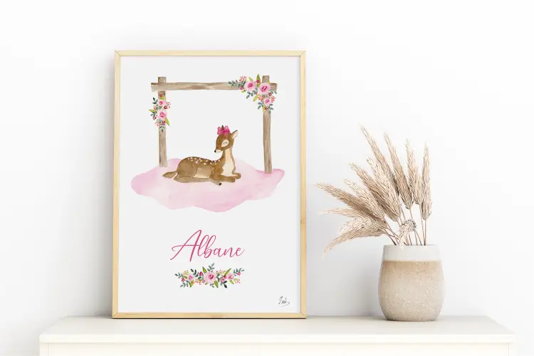 Tableau de naissance avec un biche sur un nuage rose Tableau de naissance avec un biche sur un nuage rose